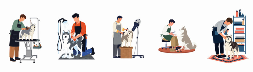 Professional dog grooming services set featuring a husky being brushed, bathed, dried, and trimmed by male groomers in a salon setting. © Ricardo