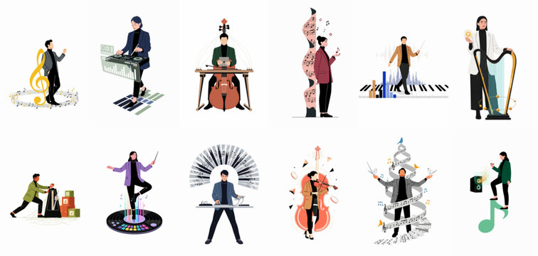 Flat vector illustration set of diverse musical performers and artists including conductors, DJs, and classical musicians on a white background.