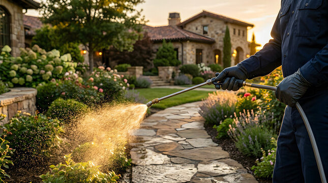 Professional pest control specialist applying treatment to landscaped residential garden path with pest management exterminator professional gardening treatment maintenance