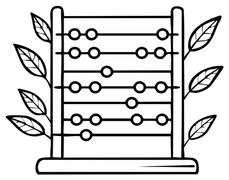Abacus Outline with Leaves, Black and White Illustration, Education, Counting Tool, Math