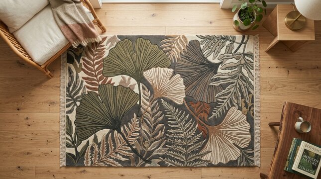 Area rug with botanical ginkgo leaf pattern placed on wooden floor. Luxury home interior design accessory with textured foliage print. Cozy living room decor for modern house styling.