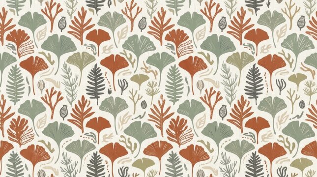 Seamless pattern with hand drawn ginkgo leaves and forest plants. Botanical background in earth tone for textile printing, wallpaper, wrapping paper and fabric surface design decor.