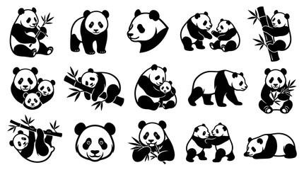 Obraz premium Cute Black and White Panda Bears and Cubs Glyph Vector Illustrations for Nature Wildlife Design