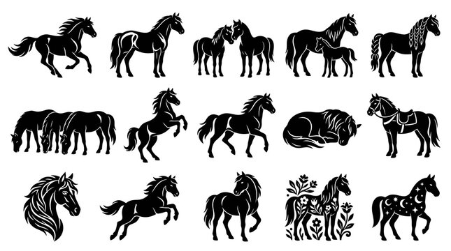 Black and White Horse Silhouettes Vector Set. Equestrian Animal Design Glyphs Collection for Various Poses