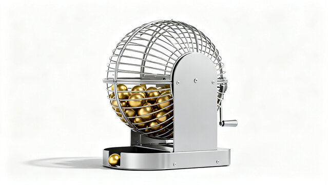 A metallic spherical lottery cage filled with golden balls, featuring a crank handle and base tray.