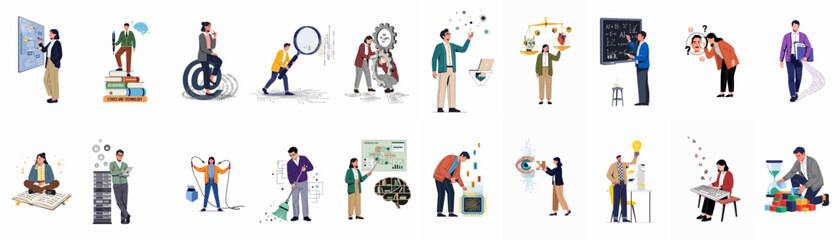 Flat vector illustrations set of diverse professionals working on artificial intelligence, data science, ethical technology, research, and digital innovation projects. © Juan