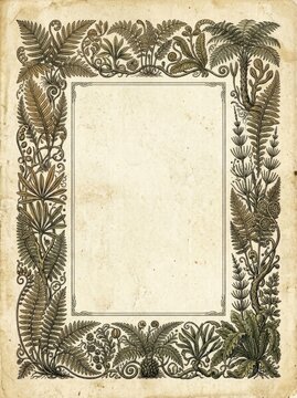 Vintage botanical frame illustration with detailed fern and plant patterns. Decorative border on aged paper texture for wedding invitation, menu or certificate design. Classic art style.