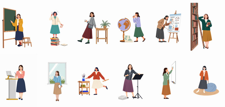 Set of flat vector illustrations depicting a female teacher engaged in various classroom and academic activities, including lecturing, science, music, and art.
