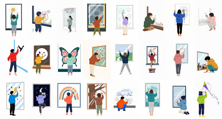 Fototapeta premium Collection of diverse children creatively drawing various colorful scenes, animals, and objects on windows, depicting imaginative indoor play and artistic expression for kids.