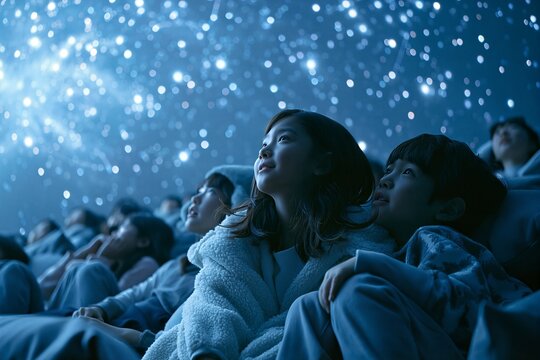Korean children looking up at stars in planetarium dome show