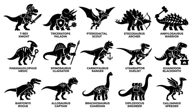 Prehistoric Fantasy RPG Dinosaurs Character Classes Vector Silhouette Icons Set