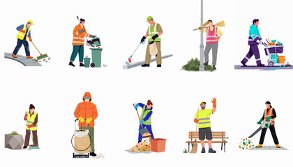Set of diverse street cleaners and janitors in high-visibility uniforms performing various outdoor cleaning and waste management tasks, flat vector illustration. © ValentinaRestrepo
