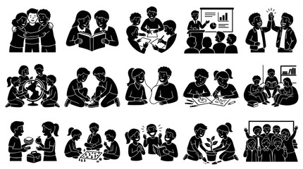 Fototapeta premium Education, Friendship, and Teamwork Glyph Icons Set. Learning, Social Interaction, and Cooperation Silhouettes.