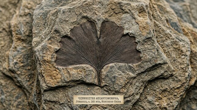 Fossilized ginkgo leaf imprint embedded in rock. Ancient prehistoric plant specimen from Jurassic era. Paleontology discovery for scientific research and natural history museum exhibition.