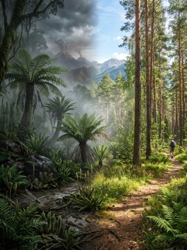 Man hiking on forest path between prehistoric jungle and temperate woods. Surreal landscape with split climate, erupting volcano and ancient flora. Concept of nature evolution.