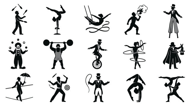 Circus Performers Silhouettes - Black and White Glyph Icons Set