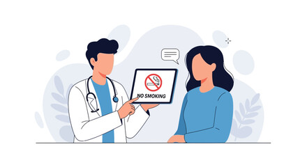 Fototapeta premium Doctor Advises Patient on Smoking Cessation, Displays 'No Smoking' Sign on Tablet Screen