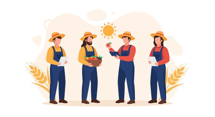 Obraz premium Farmers in Straw Hats and Overalls with Harvest and Tablets, Standing in Wheat Field Under the Sun