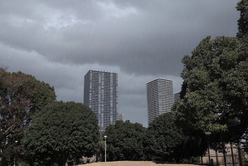 Fototapeta premium Heavy rain falling over city park and high-rise residential buildings under dark cloudy sky