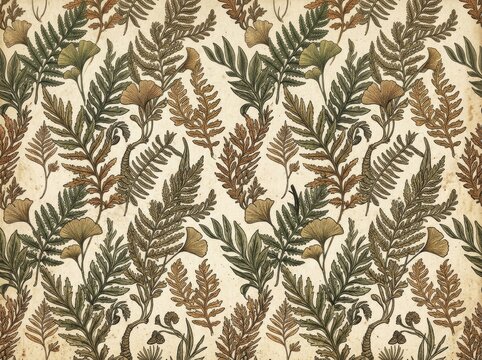 Vintage botanical seamless pattern with fern and ginkgo leaf. Hand drawn illustration in etching style. Classic nature ornament for wallpaper, textile design and fabric background.