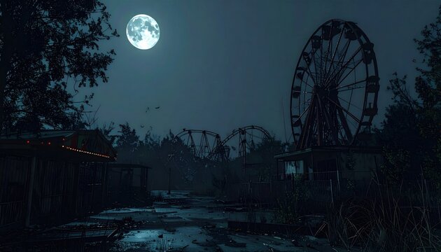 Eerie Amusement Park at Night Under a Full Moon.
