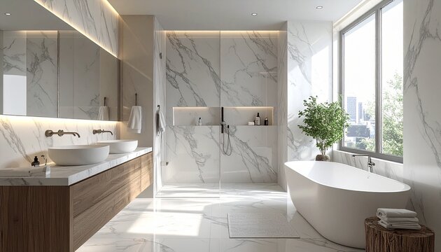 Elegant bathroom interior with marble accents and natural light.