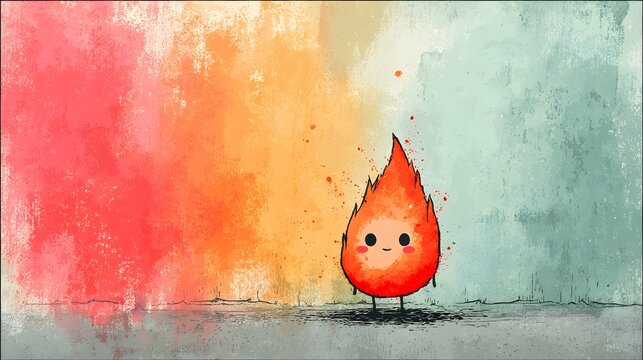 Charming Cartoon Flame Character on Colorful Textured Background with Whimsical Expression and Grunge Style Art for Creative Design Use