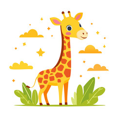 Obraz premium Cute Cartoon Giraffe Illustration with Clouds and Stars