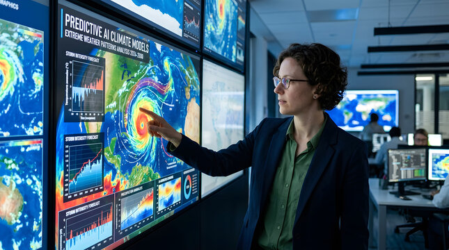 Female meteorologist pointing at predictive AI climate models dashboard analyzing extreme weather patterns and hurricane track on digital screen.
