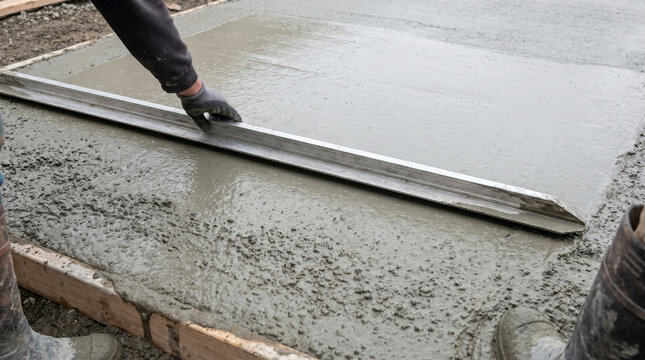 Construction worker leveling fresh wet concrete foundation