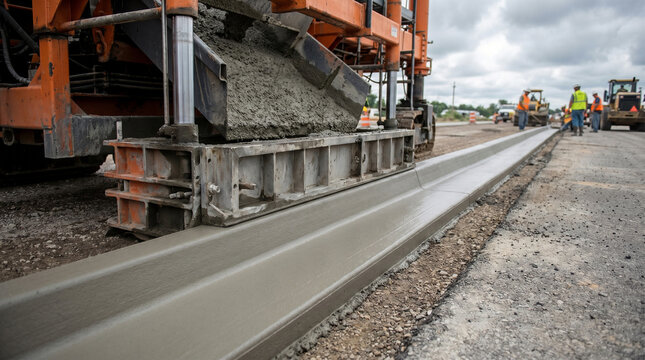 Slipform paving machine pouring concrete curb on road