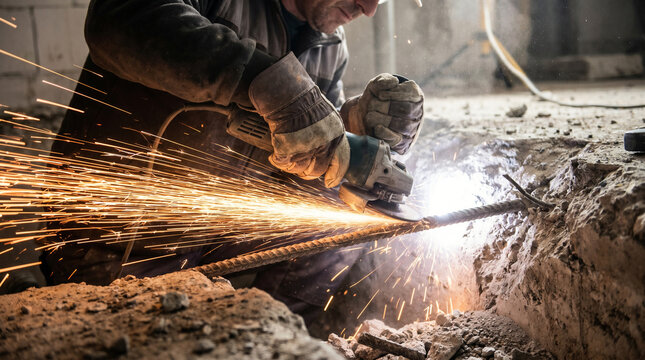 Construction worker cutting steel rebar with angle grinder