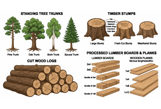 Standing Tree Trunk Timber Stump Cut Wood Logs Lumber Boards Planks Infographic Cartoon Vector Illustration Set