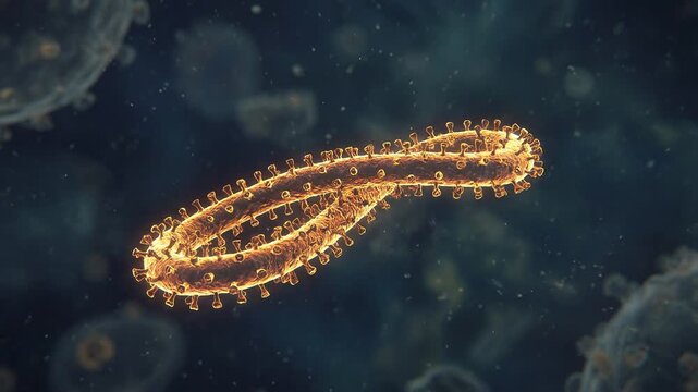 Microscopic view of EBOLA FILOVIRUS filament suspended inside a dark teal biological environment showing medical research on viral structure and infection