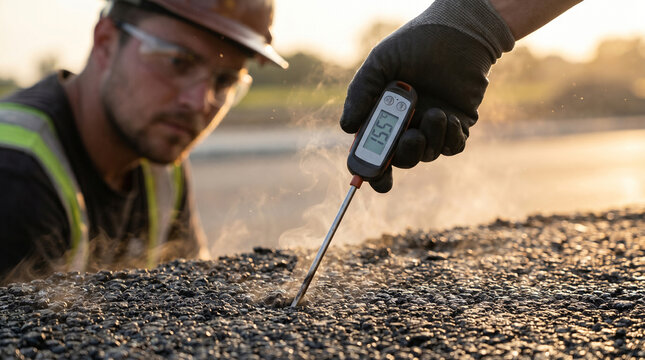 Inspector checking temperature of steaming hot road paving