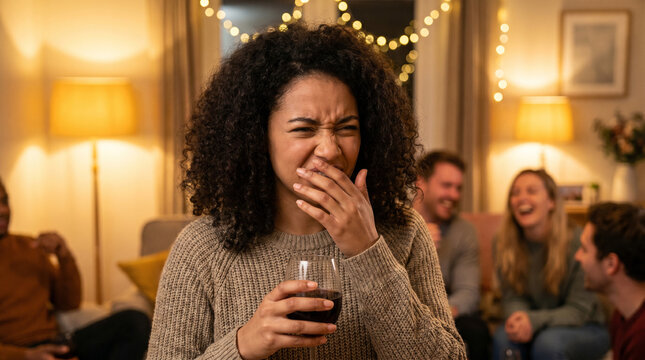 Young woman showing disgust during party with friends