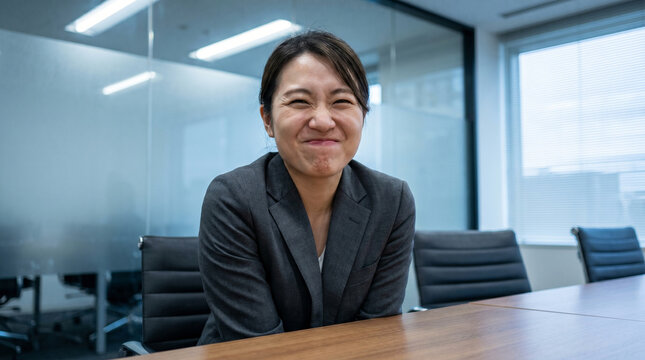 Asian business woman making funny face in boardroom