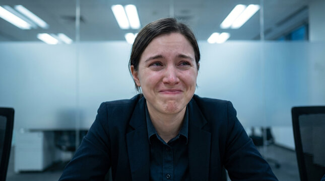 Emotional businesswoman crying through bittersweet smile in office