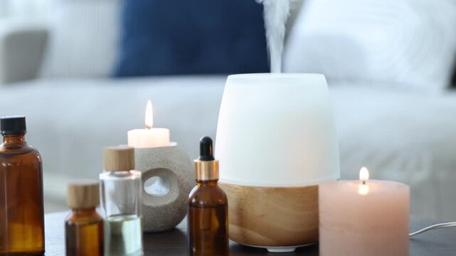 Aromatherapy. Modern aroma lamp, burning candles and bottles of essential oils on table indoors