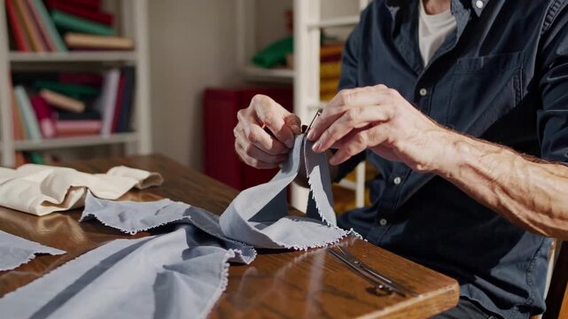 Artisan Tailor Sewing Shirt In Studio, Focused Hands Aligning Fabric Pieces On Wooden Table, Colorful Fabric Rolls On Shelves In Background, Scissors And Pins Nearby, Warm Natural Light, Patient