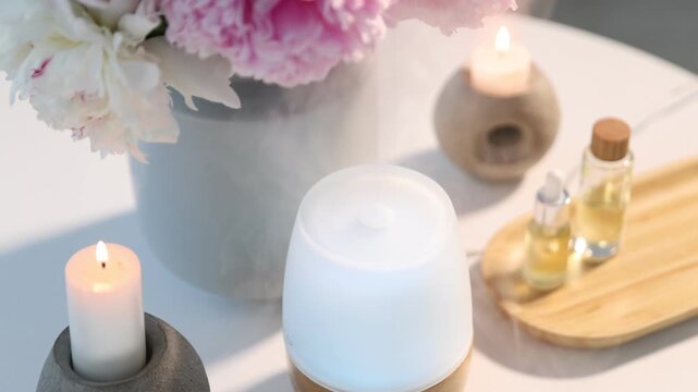 Modern aroma lamp, burning candles and bottles of essential oils on light table indoors, closeup