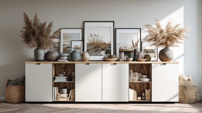 Contemporary interior arrangement showcases various decorative elements atop a low storage unit.