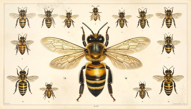 Detailed Bee Illustration - A Comprehensive Guide to Bee Anatomy and Diversity.