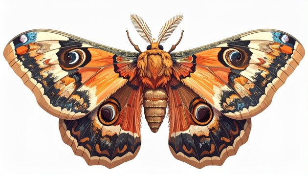 Detailed illustration of a vibrant and intricate emperor moth with open wings.