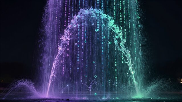 Digital fountain displays binary code streams in vibrant purple and green hues.