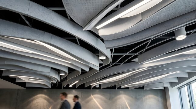 Modern Corporate Office Interior Featuring Futuristic Wave-Like Acoustic Ceiling Baffles and Integrated LED Lighting
