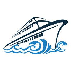 Obraz premium Modern cruise ship logo design template featuring a large luxury yacht sailing on blue ocean waves isolated on a white background.