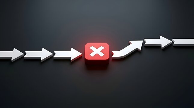 White arrows following a path that is blocked by a red cube with a white cross, forcing an alternate route.