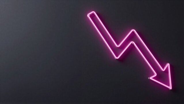 Pink neon arrow pointing down on dark background, symbolizing decline or decrease.