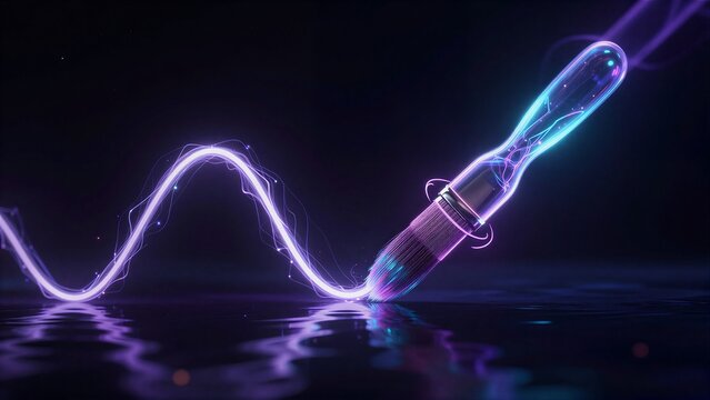 A glowing brush creates a vibrant, luminous wave on reflective water.